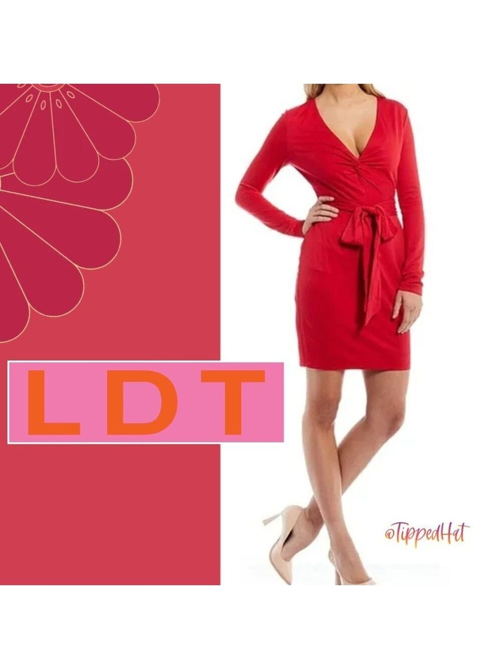 🎩🗝️ NWT $189 LDT Heidi Knot Front Plunge V-Neck Long Sleeve Jersey Dress - S…